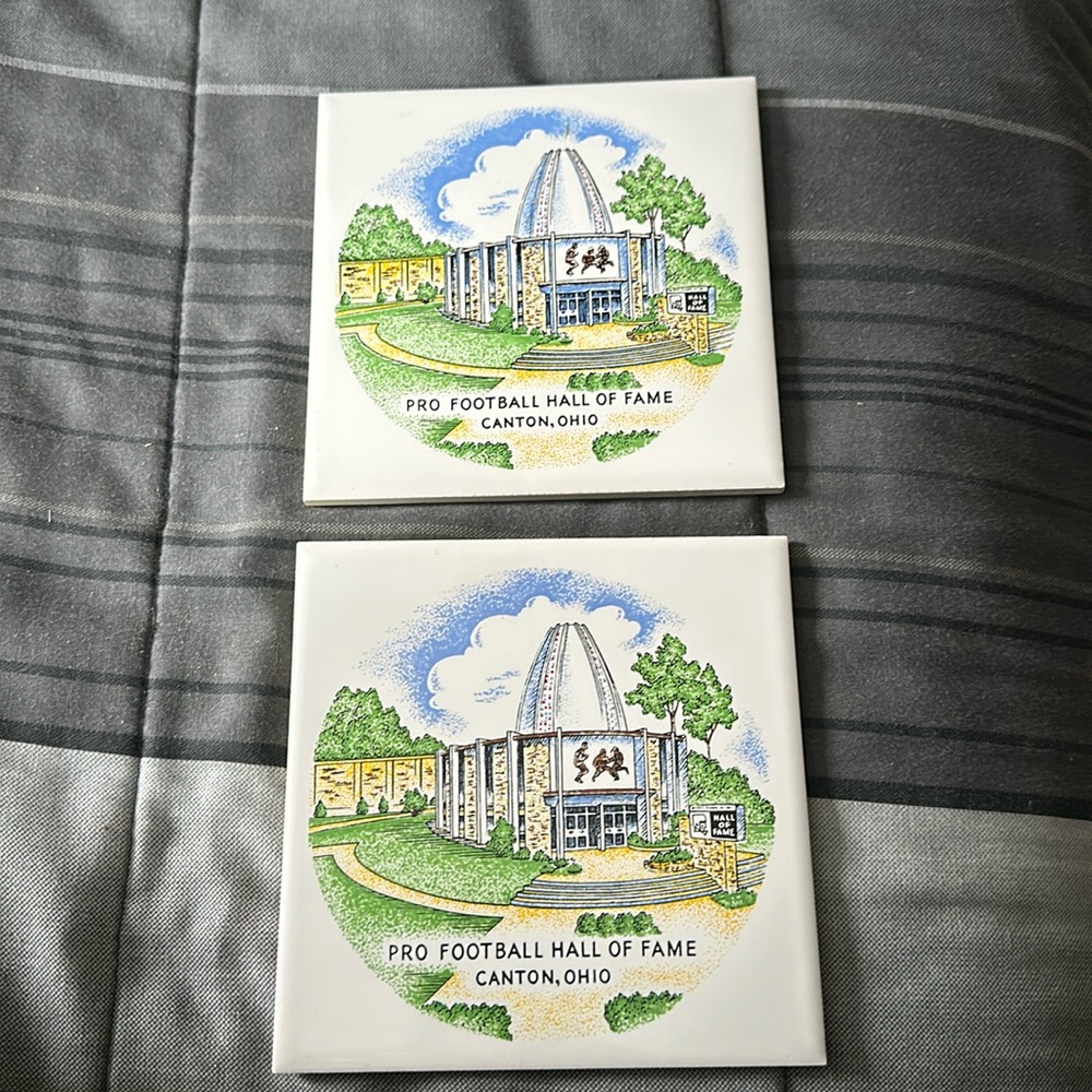 2 Vintage Pro Football Hall Of Fame Canton , Ohio Collectors Trivet/Tiles 1960's